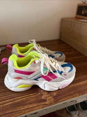 Reebok Kids White Sneakers with Pink, Blue & Neon Yellow Accents